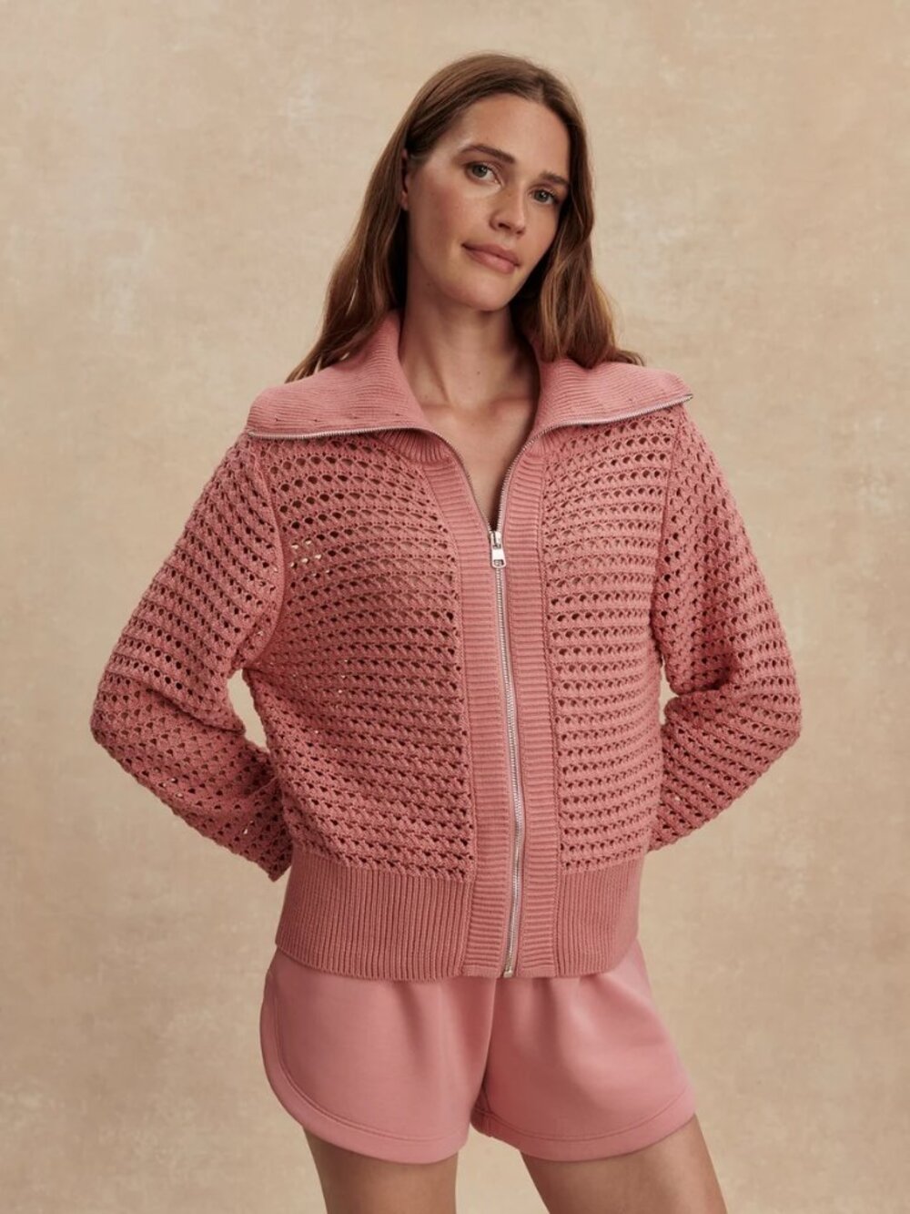 Varley Eloise Zip-Through Knit in Brandy Rose, Size X-Large